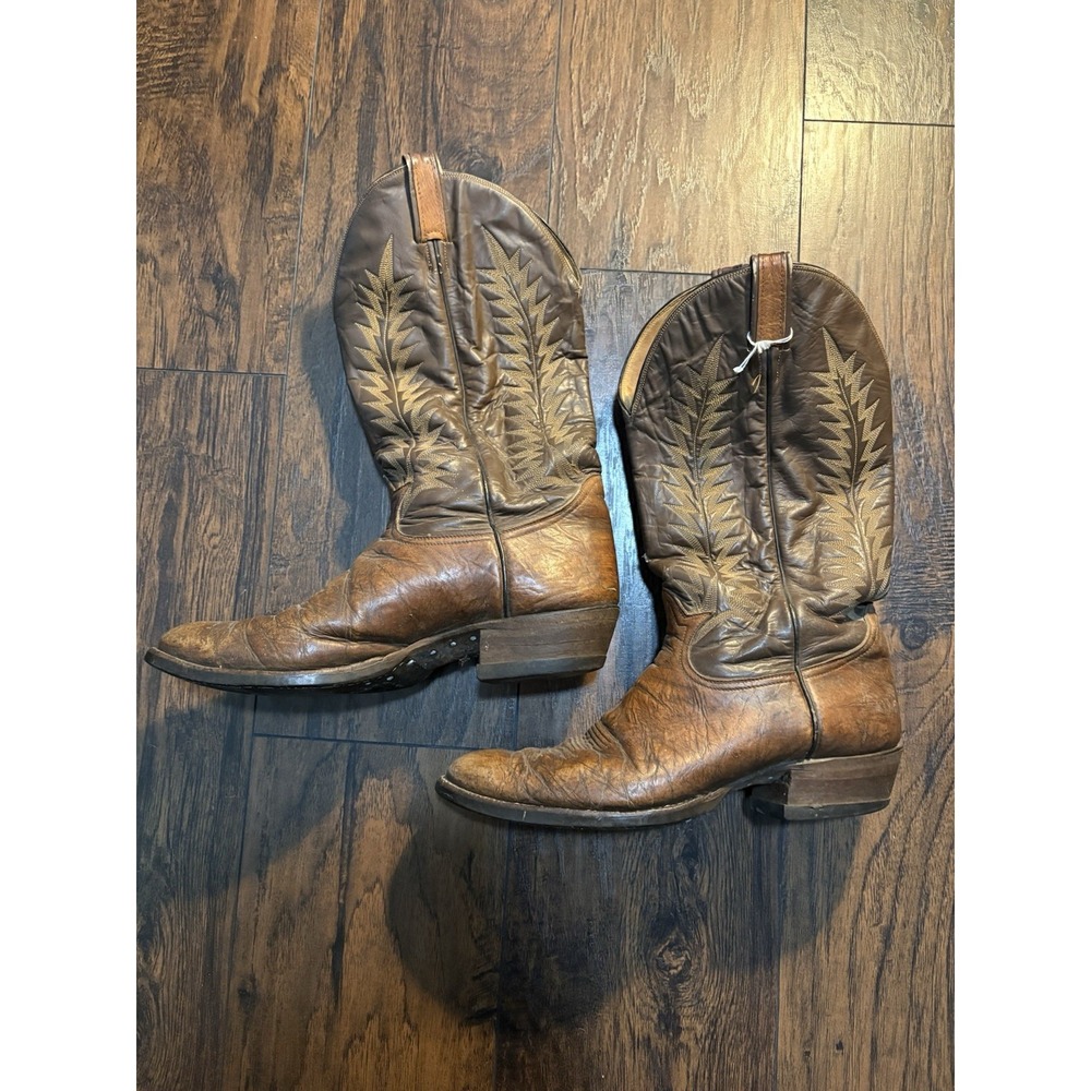 Tony Lama Bullhide Brown Leather Western Cowboy Boots Stitched Shaft Mens 12